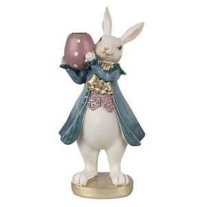 Svícen bílý králík v modrém kabátku s vajíčkem - 10*8*20 cm 6PR4057 obraz