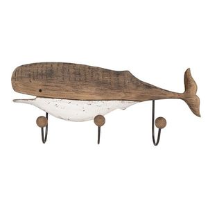 Hnědý antik dřevěný nástěnný věšák se 3-mi háčky Velryba Nauticco - 53*10*23 cm 6H2350 obraz
