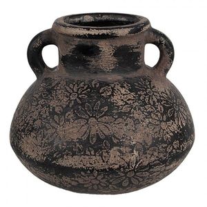 Černo-šedý keramický obal na květináč/ váza s uchy a květy - Ø 15*13 cm 6CE1711 obraz