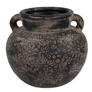 Černo-šedý keramický obal na květináč/ váza s uchy a květy - Ø 16*14 cm 6CE1706 obraz