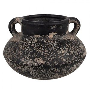 Černo-šedý keramický obal na květináč/ váza s uchy a květy - Ø 21*13 cm 6CE1710 obraz