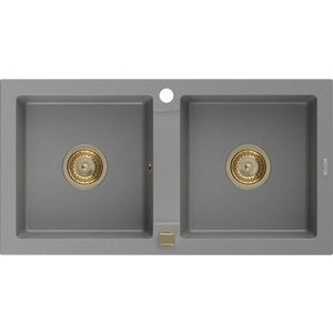 MEXEN/S Mario granitový dřez 2-bowl 820x436 mm, šedá, + zlatý sifon 6504822000-71-G obraz