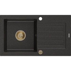 MEXEN/S Pablo granitový dřez 1 s odkapávačem 752 x 436 mm, černá/zlatý metalik, + zlatý sifon 6510751010-75-G obraz