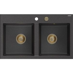 MEXEN/S Hektor granitový dřez 2-bowl 800 x 480 mm, černá kropenatá, zlatý sifon 6521802000-76-G obraz