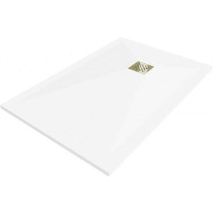MEXEN/S Stone+ čtvercová sprchová vanička 140 x 100, bílá, mřížka zlatá 44101014-G obraz