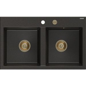 MEXEN/S Hektor granitový dřez 2-bowl 800 x 480 mm, černá/zlatá metalik, zlatý sifon 6521802000-75-G obraz
