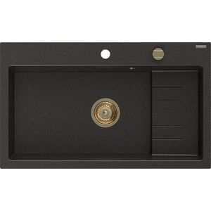 MEXEN/S Omar granitový dřez 800 x 480 mm, černá/zlatá metalik, zlatý sifon 6520801005-75-G obraz
