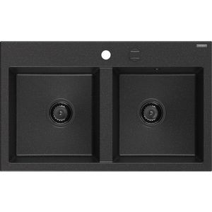 MEXEN/S Hektor granitový dřez 2-bowl 800 x 480 mm, černá/stříbrná metalik, černý sifon 6521802000-73-B obraz