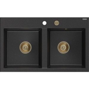 MEXEN/S Hektor granitový dřez 2-bowl 800 x 480 mm, černá/stříbrná metalik, zlatý sifon 6521802000-73-G obraz