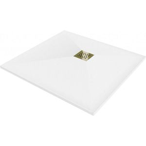 MEXEN/S Stone+ čtvercová sprchová vanička 100 x 100, bílá, mřížka zlatá 44101010-G obraz