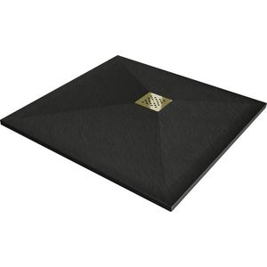 MEXEN/S Stone+ čtvercová sprchová vanička 100 x 100, černá, mřížka zlatá 44701010-G obraz