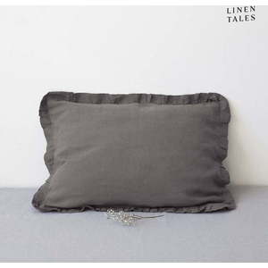 Tmavě šedý lněný povlak na polštář s řaseným lemem Linen Tales, 50 x 60 cm obraz