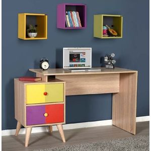 Psací stůl FRUIT s barevnými poličkami, dub sonoma/vícebarevný obraz