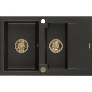 MEXEN/S Gaspar granitový dřez 1.5 s odkapávačem 737 x 475 mm, černý/zlatý metalik, zlatý sifon 6507731505-75-G obraz