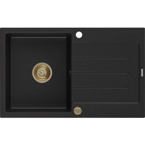 MEXEN/S Bruno granitový dřez 1-miska s odkapávačem 795 x 495 mm, černý, zlatý sifon 6513791010-77-G obraz