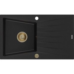 MEXEN/S Cesar granitový dřez 1-miska s odkapávačem 775 x 470 mm, černý, zlatý sifon 6514771010-77-G obraz