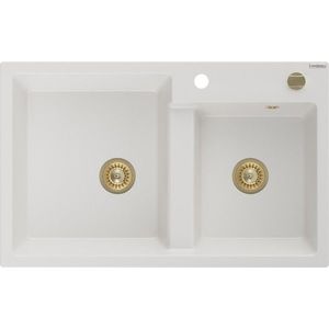 MEXEN/S Tomas granitový dřez 2-bowl 800x500 mm, bílá, + zlatý sifon 6516802000-20-G obraz