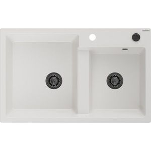 MEXEN/S Tomas granitový dřez 2-bowl 800 x 500 mm, bílá, + černý sifon 6516802000-20-B obraz