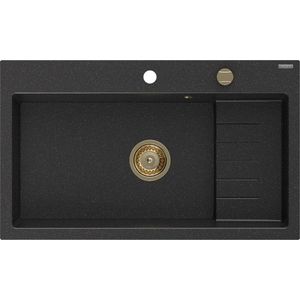 MEXEN/S Omar granitový dřez 800 x 480 mm, černá/stříbrná metalik, zlatý sifon 6520801005-73-G obraz