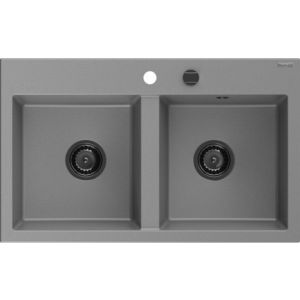 MEXEN/S Hektor granitový dřez 2-bowl 800 x 480 mm, šedá, černý sifon 6521802000-71-B obraz