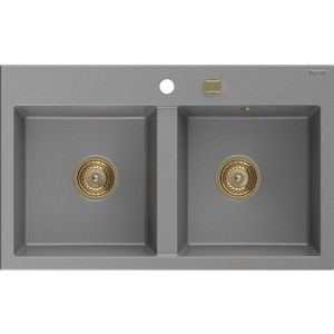 MEXEN/S Hektor granitový dřez 2-bowl 800 x 480 mm, šedá, zlatý sifon 6521802000-71-G obraz