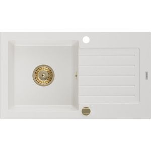 MEXEN/S Pablo granitový dřez 1 s odkapávačem 752 x 436 mm, bílá, + zlatý sifon 6510751010-20-G obraz