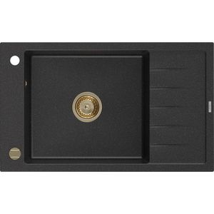 MEXEN/S Elias granitový dřez 1 s odkapávačem 795 x 480 mm, černá/stříbrný metalik, + zlatý sifon 6511791005-73-G obraz
