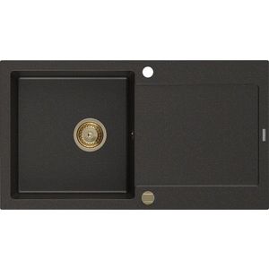 MEXEN/S Leo granitový dřez 1 s odkapávačem 900x500 mm, černá/zlatá metalik, + zlatý sifon 6501901010-75-G obraz