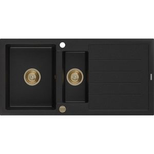 MEXEN/S Andres granitový dřez s odkapávačem 1000 x 500 mm černá, zlatý sifon 6515101510-77-G obraz