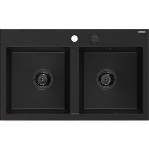 MEXEN/S Hektor granitový dřez 2-bowl 800 x 480 mm, černá, černý sifon 6521802000-77-B obraz