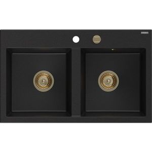 MEXEN/S Hektor granitový dřez 2-bowl 800 x 480 mm, černá, zlatý sifon 6521802000-77-G obraz