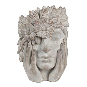 Šedý antik cementový květináč hlava ženy s květy - 27*22*31 cm 6TE0500 obraz