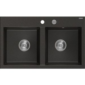 MEXEN Hektor granitový dřez 2-bowl 800 x 480 mm, černá/zlatá metalik, sifon chrom 6521802000-75 obraz