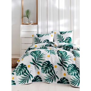L'essentiel Set bavlněného přehozu přes postel a povlaku na polštář Lura 160x220 cm zeleno-bílé obraz