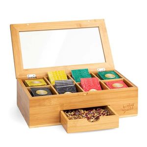 Klarstein Krabička na čaj s extra přihrádkou, 8 vnitřních přihrádek, 120 čajových sáčků, plastové okénko, bambus obraz