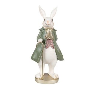 Dekorace bílý králík v zeleném kabátě s holí - 12*9*26 cm 6PR4058 obraz