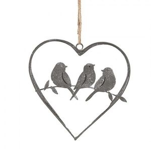 Šedý antik kovový ozdobný závěs srdce s ptáčky - 14*13 cm 6Y5559 obraz