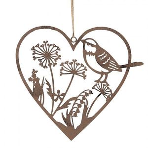 Hnědý kovový ozdobný závěs srdce s ptáčkem a květy - 16*1*15 cm 6Y5565 obraz