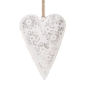 Bílé antik plechové ozdobné závěsné srdce s květy S - 11*2*8 cm 6Y5566S obraz