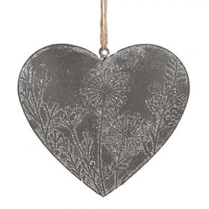 Šedé antik plechové ozdobné závěsné srdce s květy - 11*2*10 cm 6Y5572 obraz