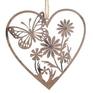 Hnědý kovový ozdobný závěs srdce s motýlkem a květy - 11*1*11 cm 6Y5564 obraz
