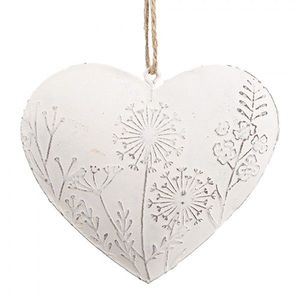 Bílé antik plechové ozdobné závěsné srdce s květy - 11*2*10 cm 6Y5557 obraz