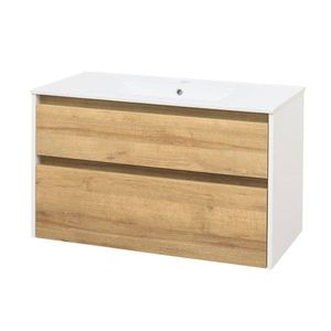MEREO Opto, koupelnová skříňka s keramickým umyvadlem 101 cm, bílá/dub Riviera CN932 obraz