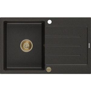 MEXEN/S Bruno granitový dřez 1 s odkapávačem 795x495 mm, černá/zlatý metalik, + zlatý sifon 6513791010-75-G obraz