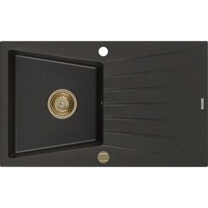MEXEN/S Cesar granitový dřez 1 s odkapávačem 775x470 mm, černá/zlatá metalik, syfon chrom 6514771010-75-G obraz