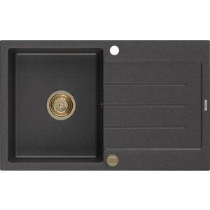 MEXEN/S Bruno granitový dřez 1 s odkapávačem 795x495 mm, černá kropenatá, + zlatý sifon 6513791010-76-G obraz