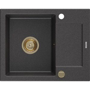 MEXEN/S Enzo granitový dřez 1 s odkapávačem 576x465 mm, černá kropenatá, + zlatý sifon 6506571005-76-G obraz