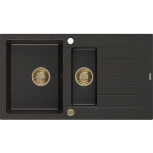 MEXEN/S Matias granitový dřez 1.5 s odkapávačem 900x505 mm, černá/zlatá metalik, + zlatý sifon 6502901505-75-G obraz