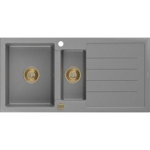 MEXEN/S Andres granitový dřez s odkapávačem 1000 x 500 mm, šedá, zlatý sifon 6515101510-71-G obraz