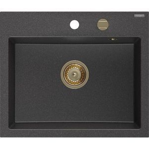 MEXEN/S Oscar granitový dřez 580 x 490 mm, černá kropenatá, zlatý sifon 6519581000-76-G obraz